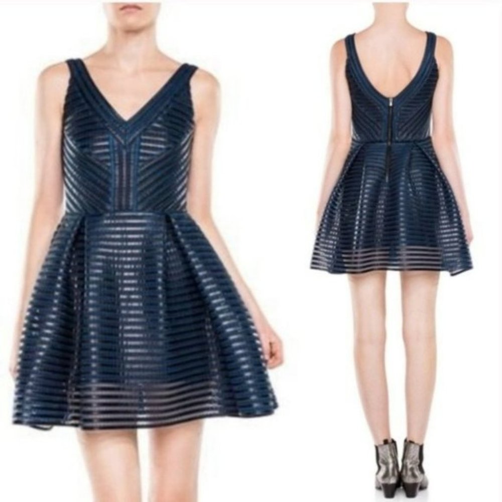 Maje Paris Rosemount black and blue mesh  stripe fit and flare cocktail dress 2